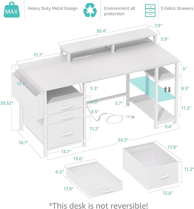 Lufeiya White Computer Desk with File Drawers Cabinet, 55 Inch Home Office Desk with Monitor Stand Shelves, Writing Study Gaming Desks with Led Light Power Outlets for Bedroom, White - LeafyLoom