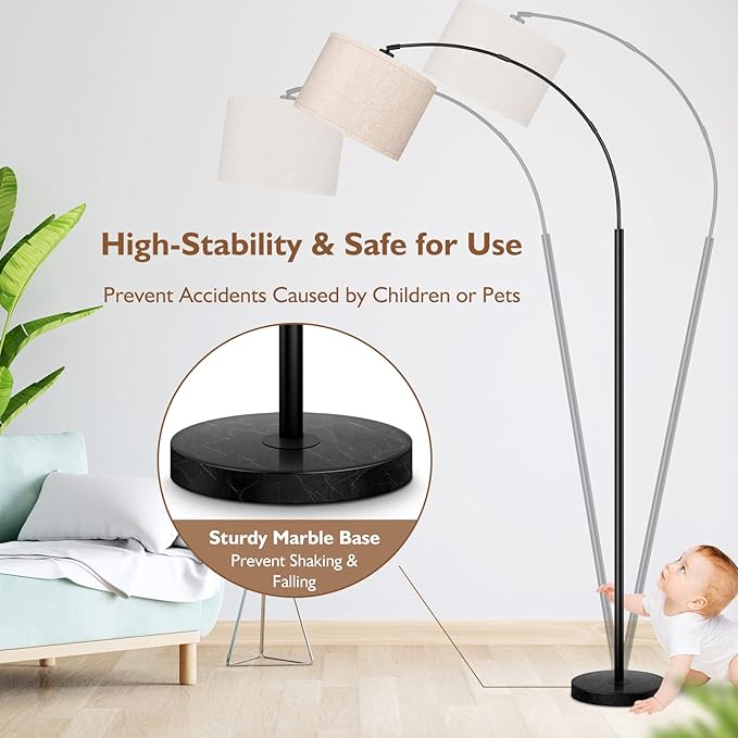 Arc Floor Lamps for Living Room, Modern Standing Lamp with Adjustable Hanging Drum Shade, 79'' Black Tall Pole Lamp with Weighted Base & Edison E26 Socket, Corner Light for Reading Bedroom Office - LeafyLoom