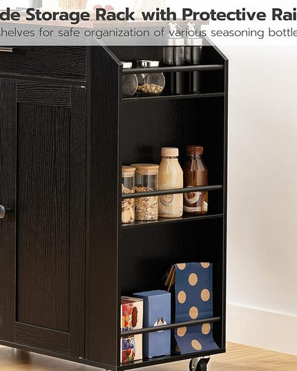 HOOBRO Kitchen Island with Power Outlet, Kitchen Storage Island with Spice Rack and Drawer, Rolling Kitchen Cart on Wheels, for Home, Kitchen and Dining Room, Rustic Brown and Black BF82UZD01G1 - LeafyLoom