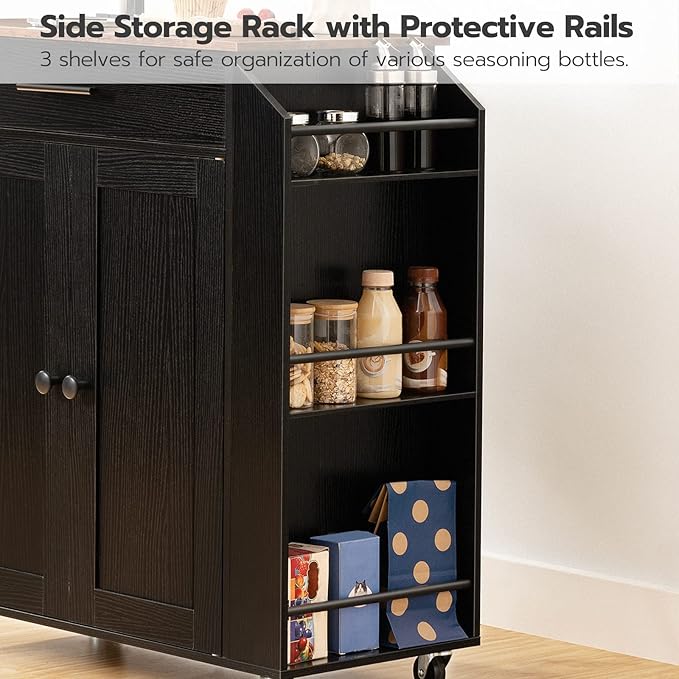 HOOBRO Kitchen Island with Power Outlet, Kitchen Storage Island with Spice Rack and Drawer, Rolling Kitchen Cart on Wheels, for Home, Kitchen and Dining Room, Rustic Brown and Black BF82UZD01G1 - LeafyLoom