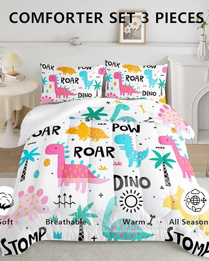 Axolotl Girls Bedding Cartoon Dinosaur Comforter Set Twin Size,Cute Dinosaur Bedding Set for Girls Teens Kids Boys Adults Room Decor,Kids Comforter Set All Season,1 Quilt 2 Pillow Cases,White - LeafyLoom