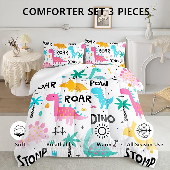 Axolotl Girls Bedding Cartoon Dinosaur Comforter Set Twin Size,Cute Dinosaur Bedding Set for Girls Teens Kids Boys Adults Room Decor,Kids Comforter Set All Season,1 Quilt 2 Pillow Cases,White - LeafyLoom