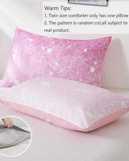 Pink Glitter Comforter Set Full/Queen Size for Girls, Sparkle Galaxy Twinkle Starlight Comforter for Kids Teen,2 Piece Pink Ombre Pastel Bedding Set with 2 Pillow Cases(Pink) - LeafyLoom