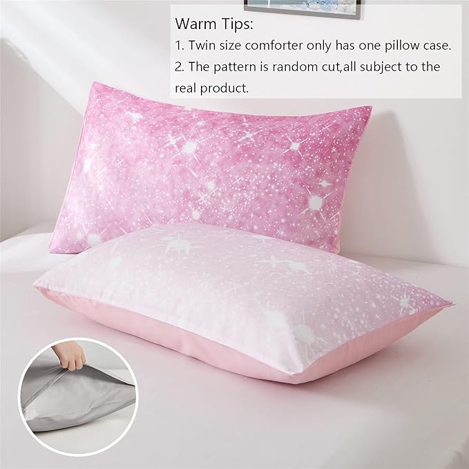 Pink Glitter Comforter Set Full/Queen Size for Girls, Sparkle Galaxy Twinkle Starlight Comforter for Kids Teen,2 Piece Pink Ombre Pastel Bedding Set with 2 Pillow Cases(Pink) - LeafyLoom