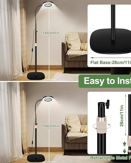 10X&5X Magnifying Glass with Light, 3-in-1 Magnifying Floor Lamp, Flexible Goose Neck, 3 Color Modes 10 Levels Dimmable LED Lighted Magnifier Lamp for Home Office Close Wrok Reading Hands Free - LeafyLoom