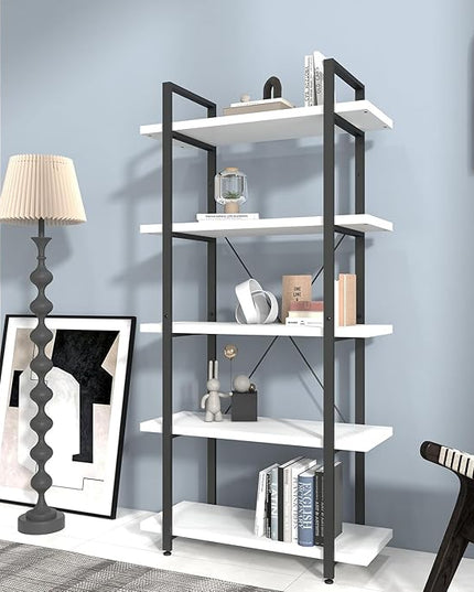 Panana 5 Tier Industrial Rustic Wooden Bookshelves, Vintage Open Wood and Metal Farmhouse Bookshelf Heavy Duty Storage Shelving Unit Rack (White) - LeafyLoom