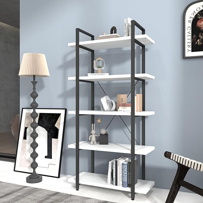 Panana 5 Tier Industrial Rustic Wooden Bookshelves, Vintage Open Wood and Metal Farmhouse Bookshelf Heavy Duty Storage Shelving Unit Rack (White) - LeafyLoom