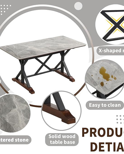 NicBex Dining Room Table Set for 6 Kitchen Table and Chairs Sintered Stone Dining Table with 6 Tufted Upholstered Chairs, 63-inch Rectangle Dining Table for Dining Room, Gray - LeafyLoom