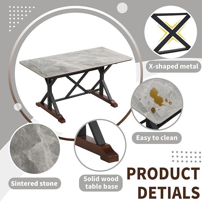 NicBex Dining Room Table Set for 6 Kitchen Table and Chairs Sintered Stone Dining Table with 6 Tufted Upholstered Chairs, 63-inch Rectangle Dining Table for Dining Room, Gray - LeafyLoom
