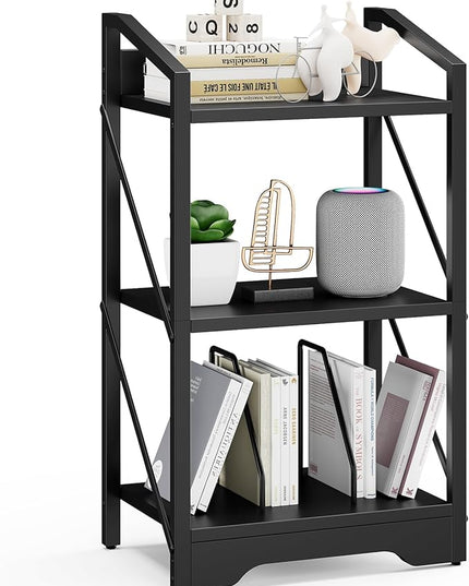 Vagusicc 3 Tier Bookshelf, Small Book Shelf Industrial Bookshelf, Wood Short Book Shelf Office Shelves with Metal Frame, Black Open Shelf Storage Organizer Bookcase for Living Room Bedroom, Black - LeafyLoom