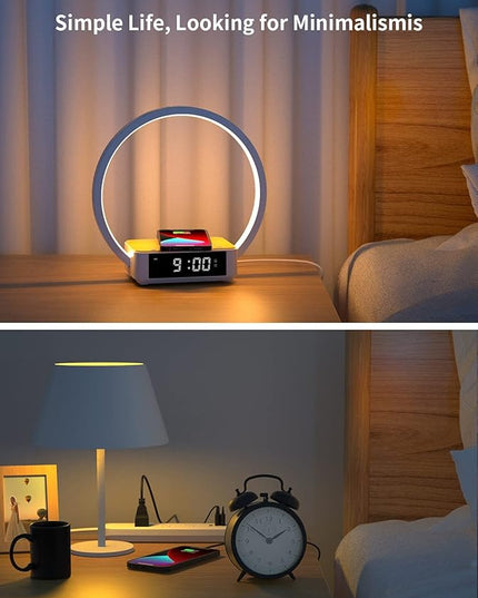 Amouhom Table Lamp, 18W Touch Lamp Alarm Clock with Wireless Charging Wake-Up Light, Digital Sonic 10W Max Qi Charger Nightstand Reading Lamps for Bedside, Reading, Home, Office - LeafyLoom