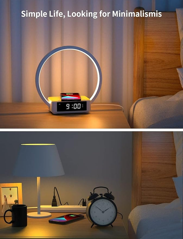 Amouhom Table Lamp, 18W Touch Lamp Alarm Clock with Wireless Charging Wake-Up Light, Digital Sonic 10W Max Qi Charger Nightstand Reading Lamps for Bedside, Reading, Home, Office - LeafyLoom
