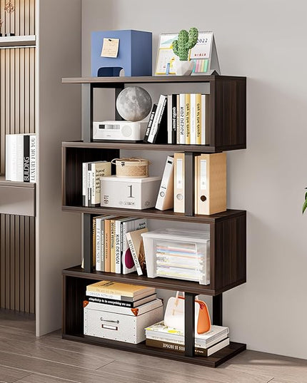 Bookshelf geometric bookcase S Shaped industrial bookshelf Storage Display Stand Shelf for Living Room Bedroom and office Room (Black, 4 Tier) - LeafyLoom