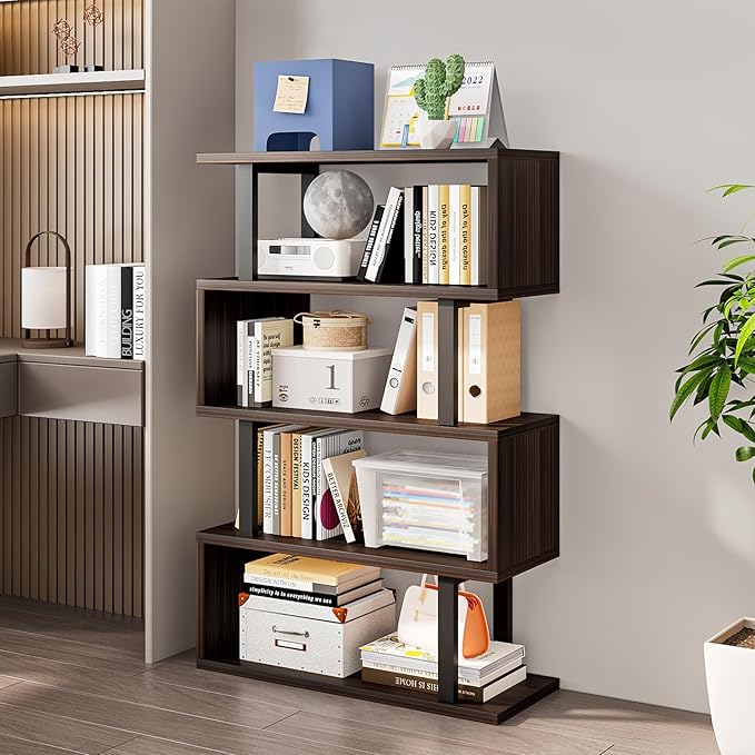 Bookshelf geometric bookcase S Shaped industrial bookshelf Storage Display Stand Shelf for Living Room Bedroom and office Room (Black, 4 Tier) - LeafyLoom