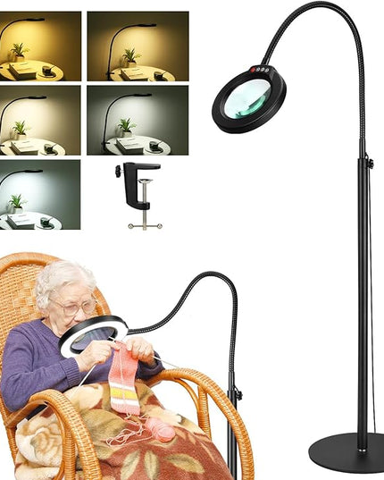 5X Magnifying Glass with Light and Stand, Krstlv 24" Flexible Gooseneck Magnifying Floor Lamp, 3-in-1 LED 5 Color Modes Stepless Dimmable Lighted Magnifier Hands Free for Close Work, Hobby, Esthetican - LeafyLoom