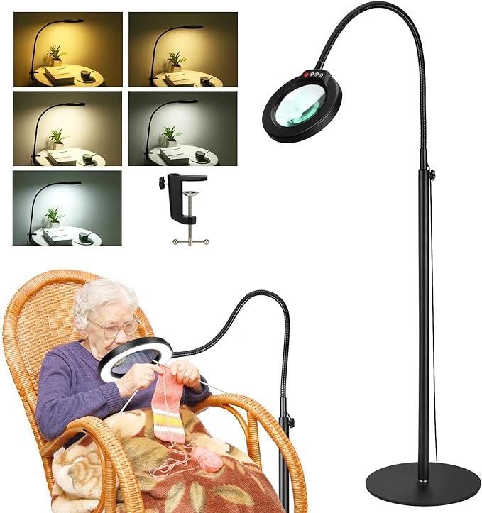 5X Magnifying Glass with Light and Stand, Krstlv 24" Flexible Gooseneck Magnifying Floor Lamp, 3-in-1 LED 5 Color Modes Stepless Dimmable Lighted Magnifier Hands Free for Close Work, Hobby, Esthetican - LeafyLoom
