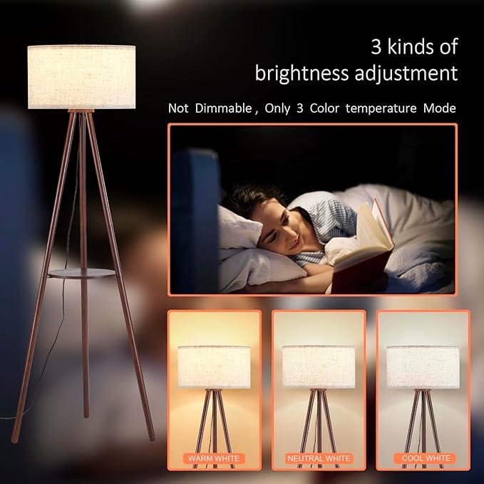 Wood Tripod Floor Lamp for Living Room,Linen Shade Mid Century Wooden Shelf Floor lamp for Bedroom,with Three Color temparature Bulb Included,ETL Listed/Dark Brown Wood Color - LeafyLoom