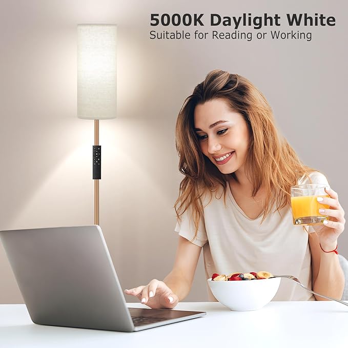 Ambimall 64'' Floor Lamps for Living Room with Remote Control and Stepless Dimmable Colors Temperature & Brightness, 9W Bulb Included(Beige Lampshade & Brown Pole) - LeafyLoom