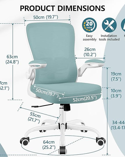 MINLOVE Office Chair Ergonomic Desk Chair with Adjustable Lumbar Support and Height, 90° Flip-up Armrests, Ergo Desk Chairs with Wheels, 360° Swivel Mesh Chair, Home Work Use (Light Blue) - LeafyLoom