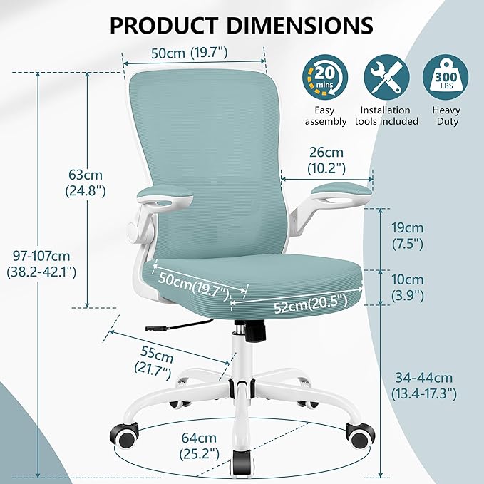 MINLOVE Office Chair Ergonomic Desk Chair with Adjustable Lumbar Support and Height, 90° Flip-up Armrests, Ergo Desk Chairs with Wheels, 360° Swivel Mesh Chair, Home Work Use (Light Blue) - LeafyLoom