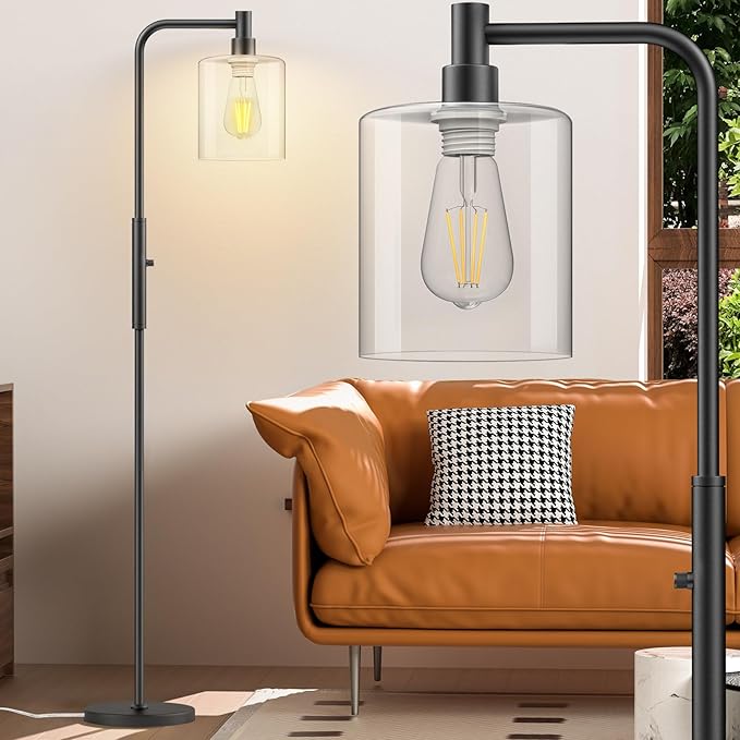 Stepless Dimmable Floor Lamps with Glass Lampshade Modern Standing Lamps with 6W LED Bulb Bright Corner Lamp Tall Pole Lamps for Living Room Bedroom Office Study Room Farmhouse, Black - LeafyLoom