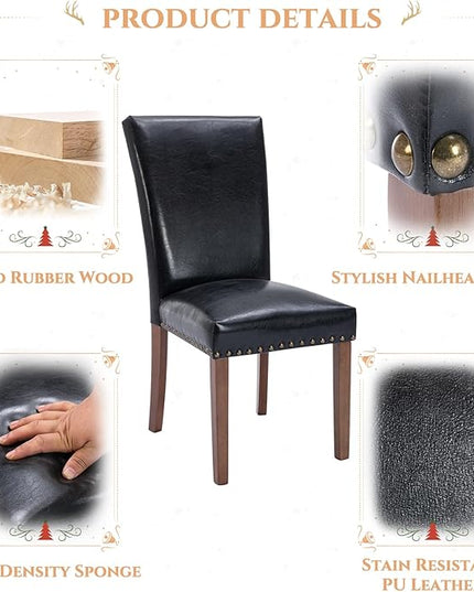 Parsons Dining Chairs Set of 4, Upholstered Nailhead PU Leather Dining Room Kitchen Side Chair with Thick Cushions and Wood Legs, Black - LeafyLoom