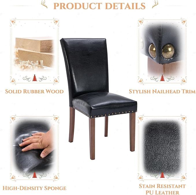 Parsons Dining Chairs Set of 4, Upholstered Nailhead PU Leather Dining Room Kitchen Side Chair with Thick Cushions and Wood Legs, Black - LeafyLoom