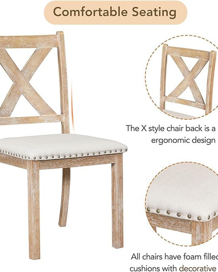 6-Piece Wood 82inch Extendable Dining Table Set with Two 11" Removable Leaves, 4 Upholstered Chairs and Bench, Farmhouse Style, Natural, 60"-82" L x 36" W x 30" H - LeafyLoom