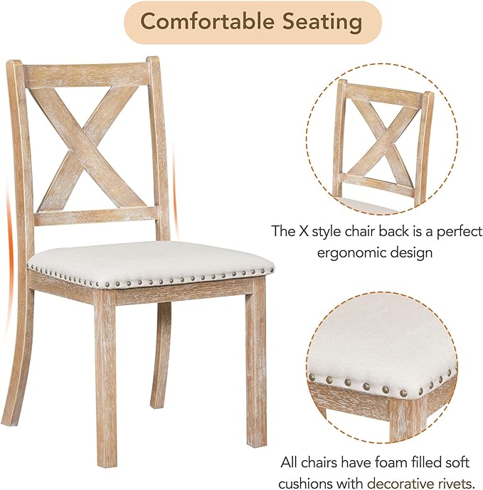 6-Piece Wood 82inch Extendable Dining Table Set with Two 11" Removable Leaves, 4 Upholstered Chairs and Bench, Farmhouse Style, Natural, 60"-82" L x 36" W x 30" H - LeafyLoom