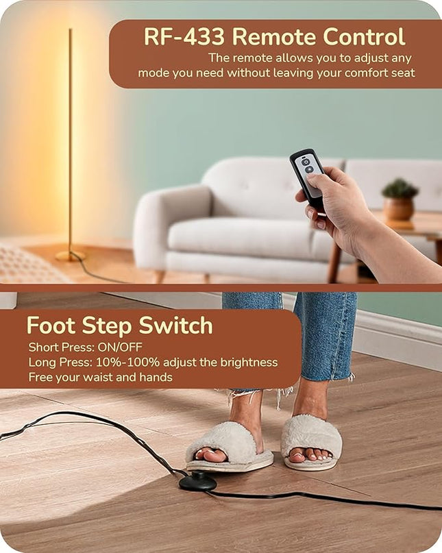 EDISHINE LED Corner Floor Lamp with Remote, 57.5" Minimalist Dimmable Light Pole, Standing Tall Moody Lamp for Living Room, Bedroom, Office, 3000K Warm White Light (Gold) - LeafyLoom