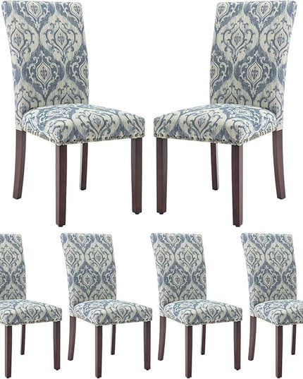 COLAMY Upholstered Parsons Dining Chairs Set of 6, Fabric Dining Room Kitchen Side Chair with Nailhead Trim and Wood Legs - Blue/White Flower - LeafyLoom