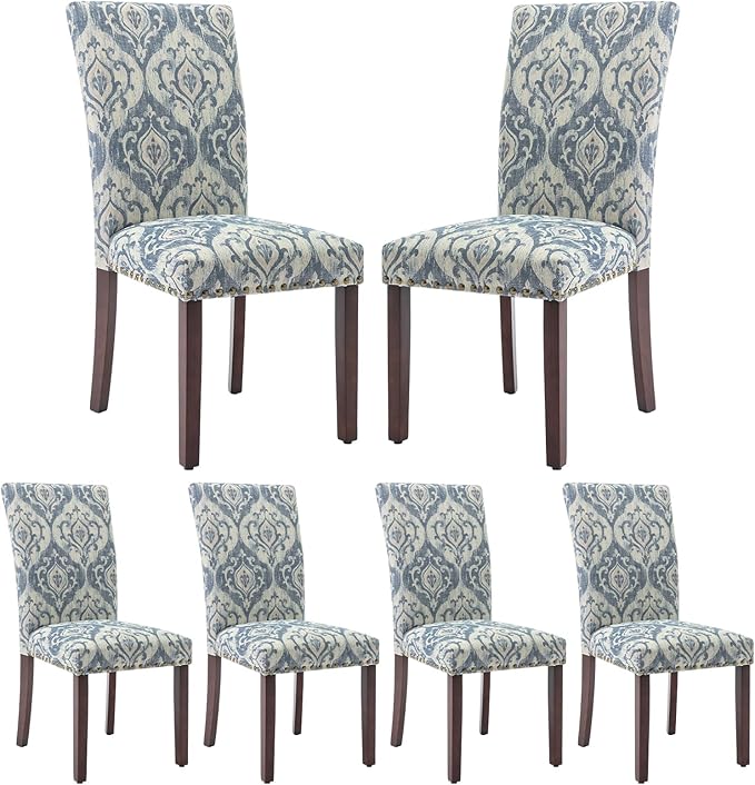 COLAMY Upholstered Parsons Dining Chairs Set of 6, Fabric Dining Room Kitchen Side Chair with Nailhead Trim and Wood Legs - Blue/White Flower - LeafyLoom