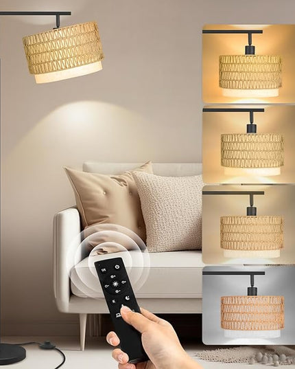 Pesare Rattan Floor Lamp Boho with Remote Control for Living Room,Stepless Dimmable LED Floor Lamp with 4 Color Temperature,Standing Lamps with Tall lamp for Living Room, Bedroom,Office… - LeafyLoom