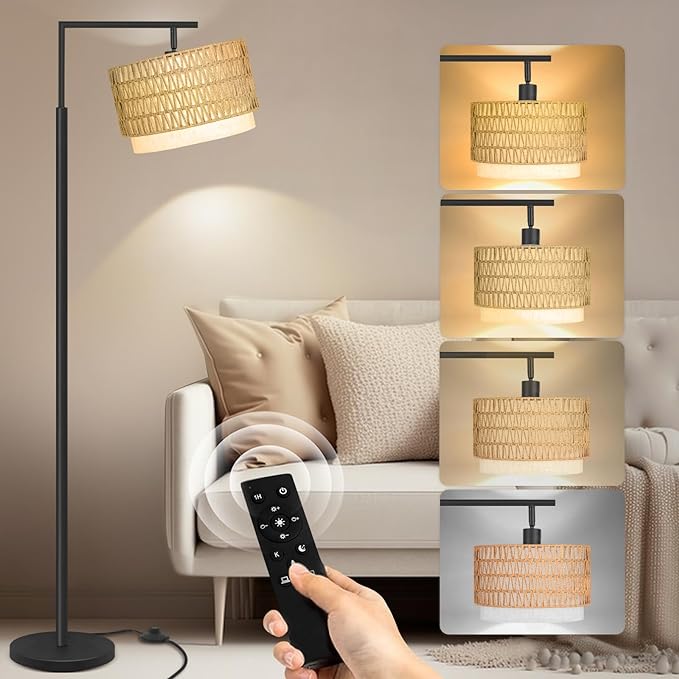 Pesare Rattan Floor Lamp Boho with Remote Control for Living Room,Stepless Dimmable LED Floor Lamp with 4 Color Temperature,Standing Lamps with Tall lamp for Living Room, Bedroom,Office… - LeafyLoom