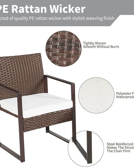 3 Pieces Patio Furniture Set Outdoor Wicker Bistro set Rattan Chair Conversation Sets with Coffee Table for Porch, Balcony,Garden,Backyard and Removable Cushions Beige - LeafyLoom