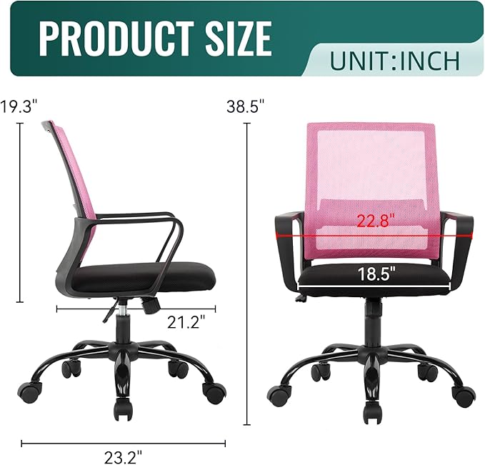 Desk Chair Mesh Office Chair Ergonomic Computer Chair Executive Lumbar Support Adjustable Stool Rolling Swivel Chair,Pink - LeafyLoom