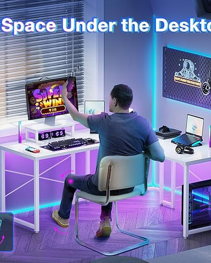 Casaottima L Shaped Gaming Desk with Monitor Stand, Corner Desk Gaming Table for Home Office, Computer Desk Sturdy Writing Workstation for Small Space, 51 inch, Carbon Fiber Surface, White - LeafyLoom