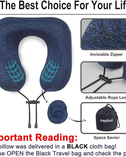 napfun Neck Pillow for Traveling, Upgraded Travel Neck Pillow for Airplane 100% Pure Memory Foam Travel Pillow for Flight Headrest Sleep, Portable Plane Accessories, Full Dark Blue, Medium (120-200LB) - LeafyLoom