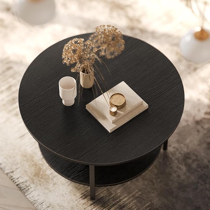 FABATO Round Lift Top Coffee Table with Storage and Hidden Compartment, 26.77'' Farmhouse Coffee Table for Living Room Reception Room, 2 Tier Small Round Coffee Table Circle Dining Table, Black - LeafyLoom
