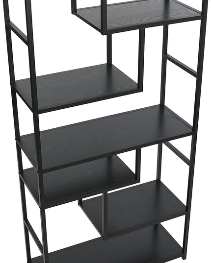 Household Essentials Black Oak Geometric Tall Open Book Shelf | Mid Century Modern Shelves - LeafyLoom