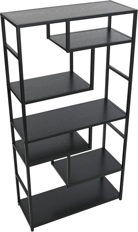 Household Essentials Black Oak Geometric Tall Open Book Shelf | Mid Century Modern Shelves - LeafyLoom
