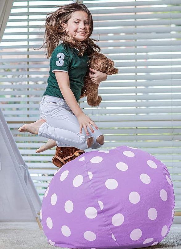 Wekapo Stuffed Animal Storage Bean Bag Chair Cover for Kids | Stuffable Zipper Beanbag for Organizing Children Plush Toys Large Premium Cotton Canvas (Purple Dot, XX-Large) - LeafyLoom