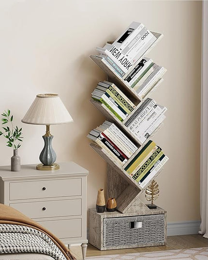 Vagusicc 6 Tier Tree Bookshelf, Modern Floor Standing Bookcase with Storage Drawer, Tall Wood Book Storage Rack for CDs/Books, Utility Book Organizer Shelves for Bedroom/Living Room/Home Office/Corner - LeafyLoom