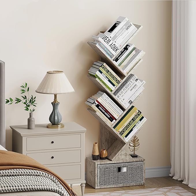 Vagusicc 6 Tier Tree Bookshelf, Modern Floor Standing Bookcase with Storage Drawer, Tall Wood Book Storage Rack for CDs/Books, Utility Book Organizer Shelves for Bedroom/Living Room/Home Office/Corner - LeafyLoom