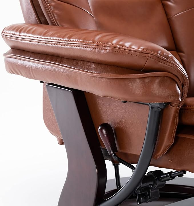 JC Home Swivel Ottoman Bonded Leather Recliner Chair and Foot Rest for Living Room, Home Theater, Man Cave, Bedroom-Round Mahogany Base-Modern, Contemporary Furniture, Extra Large, Tan - LeafyLoom