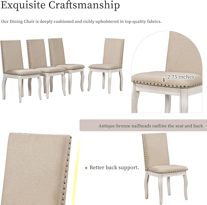 Round Farmhouse 4 Upholstered Chairs,Extendable Restaurant Furniture,for Kitchen Dinette,Diningroom, 5 Piece Dining Table Set, Oak Natural Wood + Antique White 35 - LeafyLoom