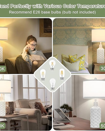 Modern Farmhouse Ceramic Nightstand Lamp, 25in Tall, White, with Handcrafted Base and Fabric Shade, E26 Socket, Bulb Excluded - LeafyLoom