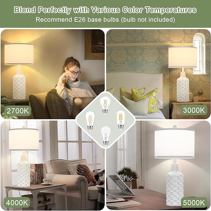 Modern Farmhouse Ceramic Nightstand Lamp, 25in Tall, White, with Handcrafted Base and Fabric Shade, E26 Socket, Bulb Excluded - LeafyLoom