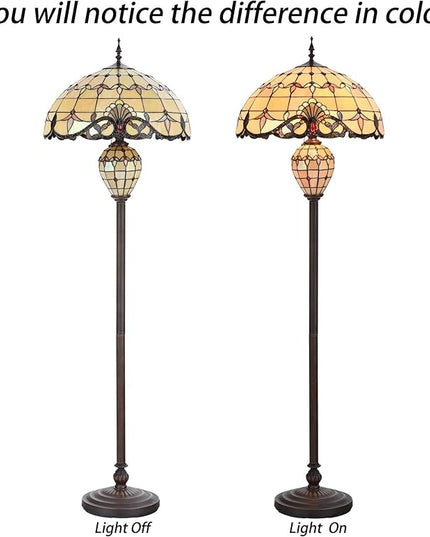 Bieye L10803 Baroque Tiffany Style Stained Glass Double Lit Floor Lamp for Home Decor 64-inch Tall (20-inch Wide, Cream) - LeafyLoom