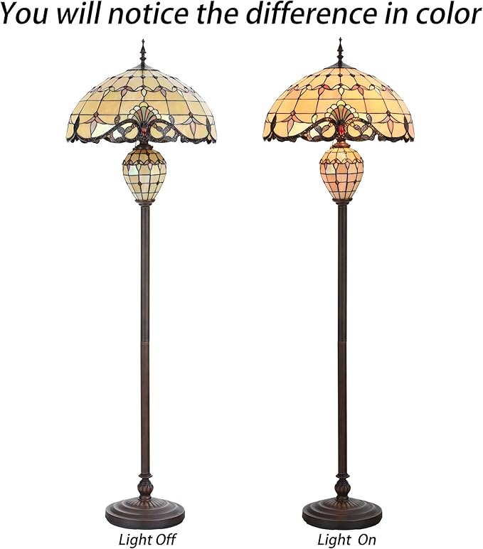 Bieye L10803 Baroque Tiffany Style Stained Glass Double Lit Floor Lamp for Home Decor 64-inch Tall (20-inch Wide, Cream) - LeafyLoom